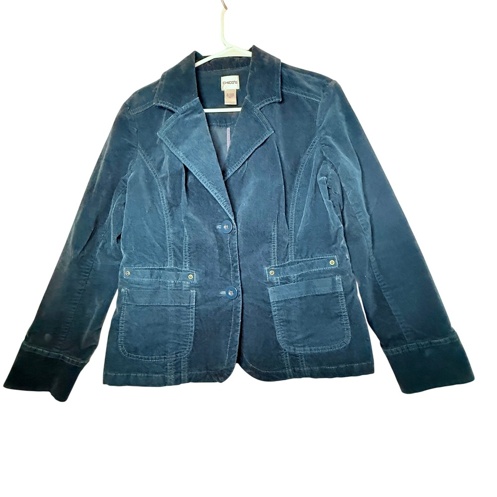 Chicos Teal Corduroy Blazer Jacket Size 1 US 8-10 M Patch Pockets Fall